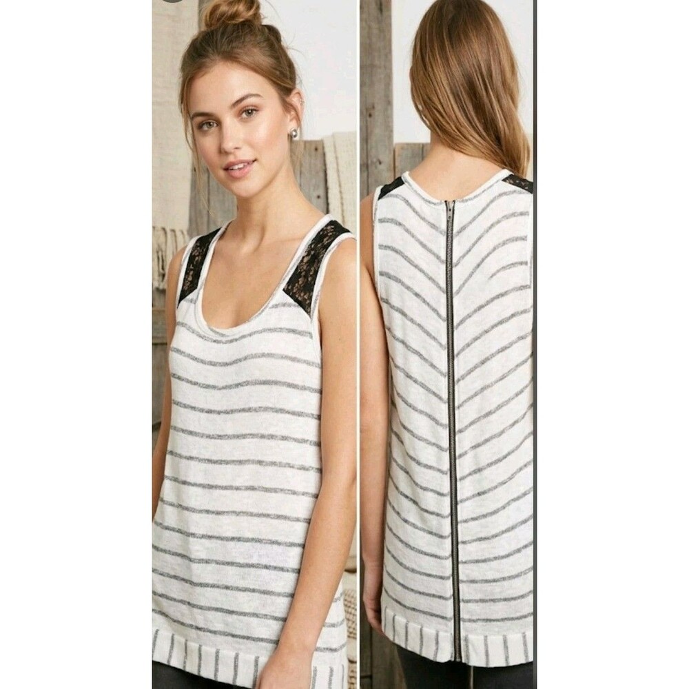 August Silk Blouse Size L Zip Back Lace White/Black NEW